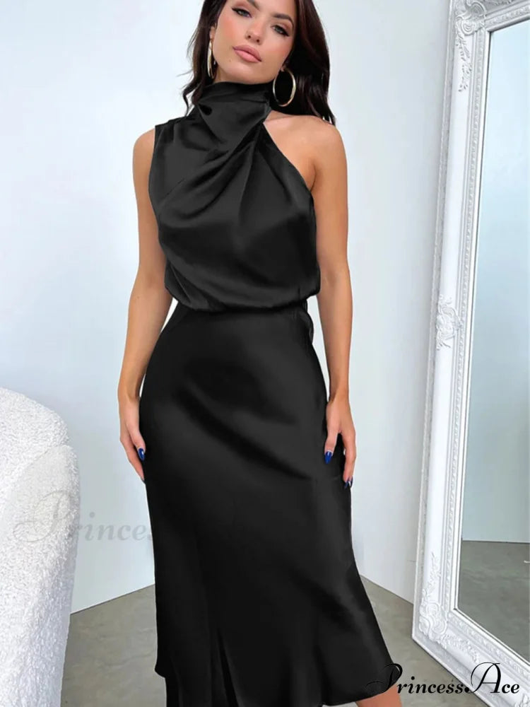 Abito midi affascinante in raso elasticizzato a maniche lunghe Addison