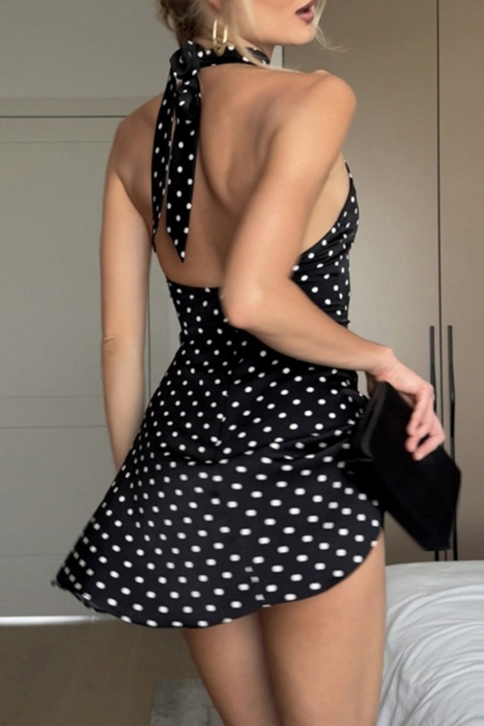Polka Dot Halter Backless Bodycon Mini Dress