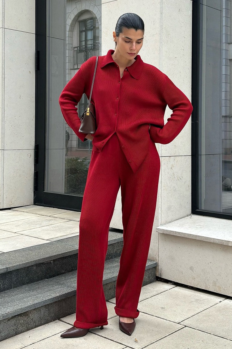 Knit Ribbed Collar Long Sleeve Loose Two Piece Set