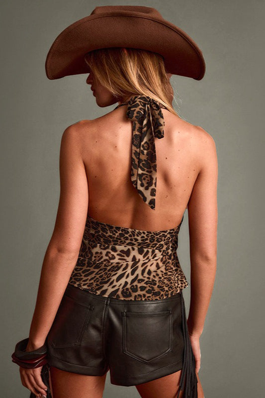 Top Cropped Halter com Estampa de Onça e Blocos de Cor