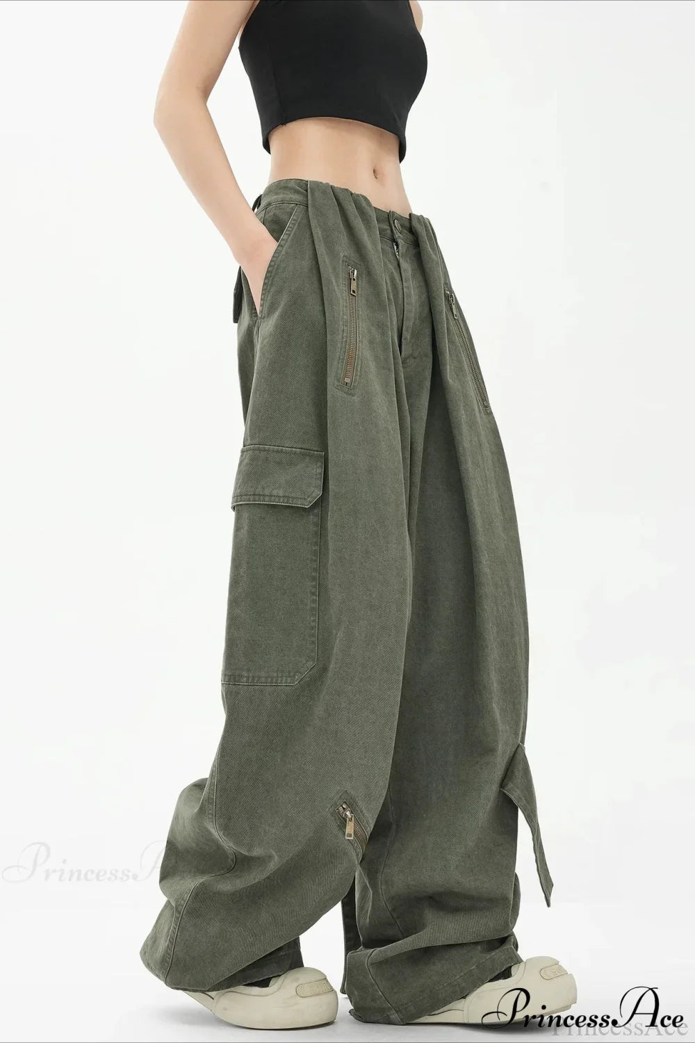 Army Green Parachute High Waist Loose Cargo Pants