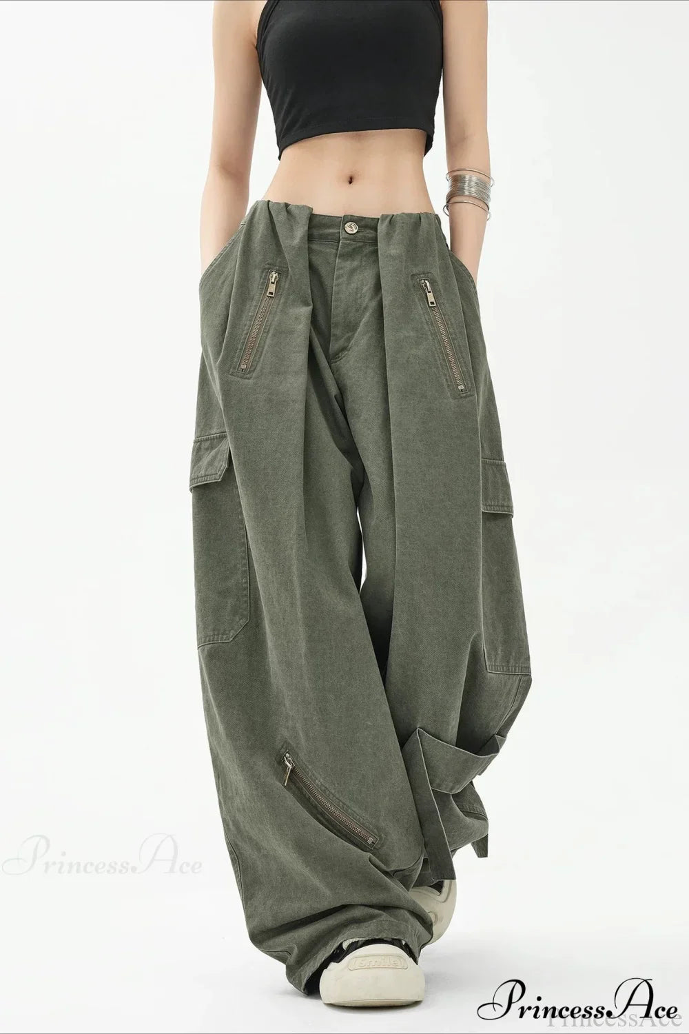 Army Green Parachute High Waist Loose Cargo Pants