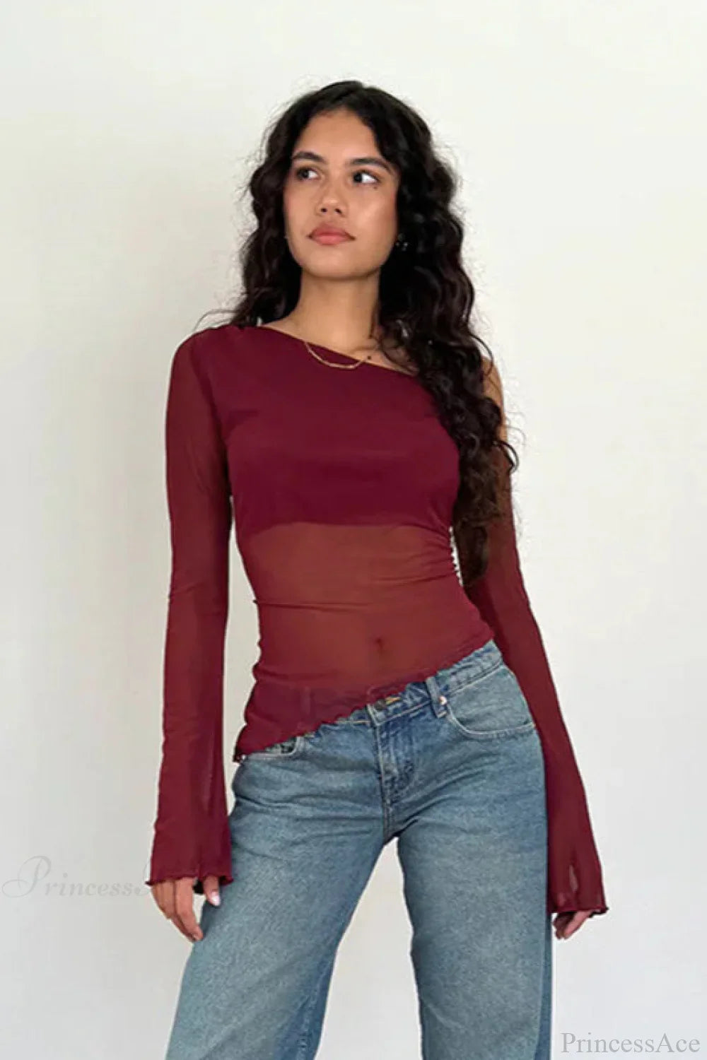 Asymmetrical Shoulder Mesh Off-Shoulder Long Sleeve Tee