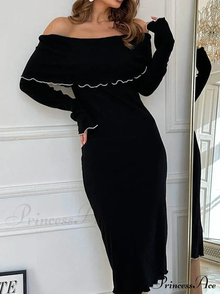 Autumn Winter Black Long Slash Neck Straight Elegant Party Clubwear Bodycon Dress