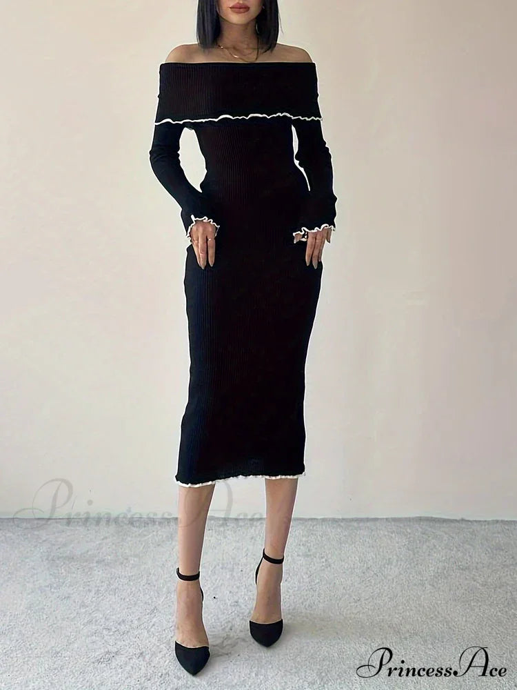 Autumn Winter Black Long Slash Neck Straight Elegant Party Clubwear Bodycon Dress