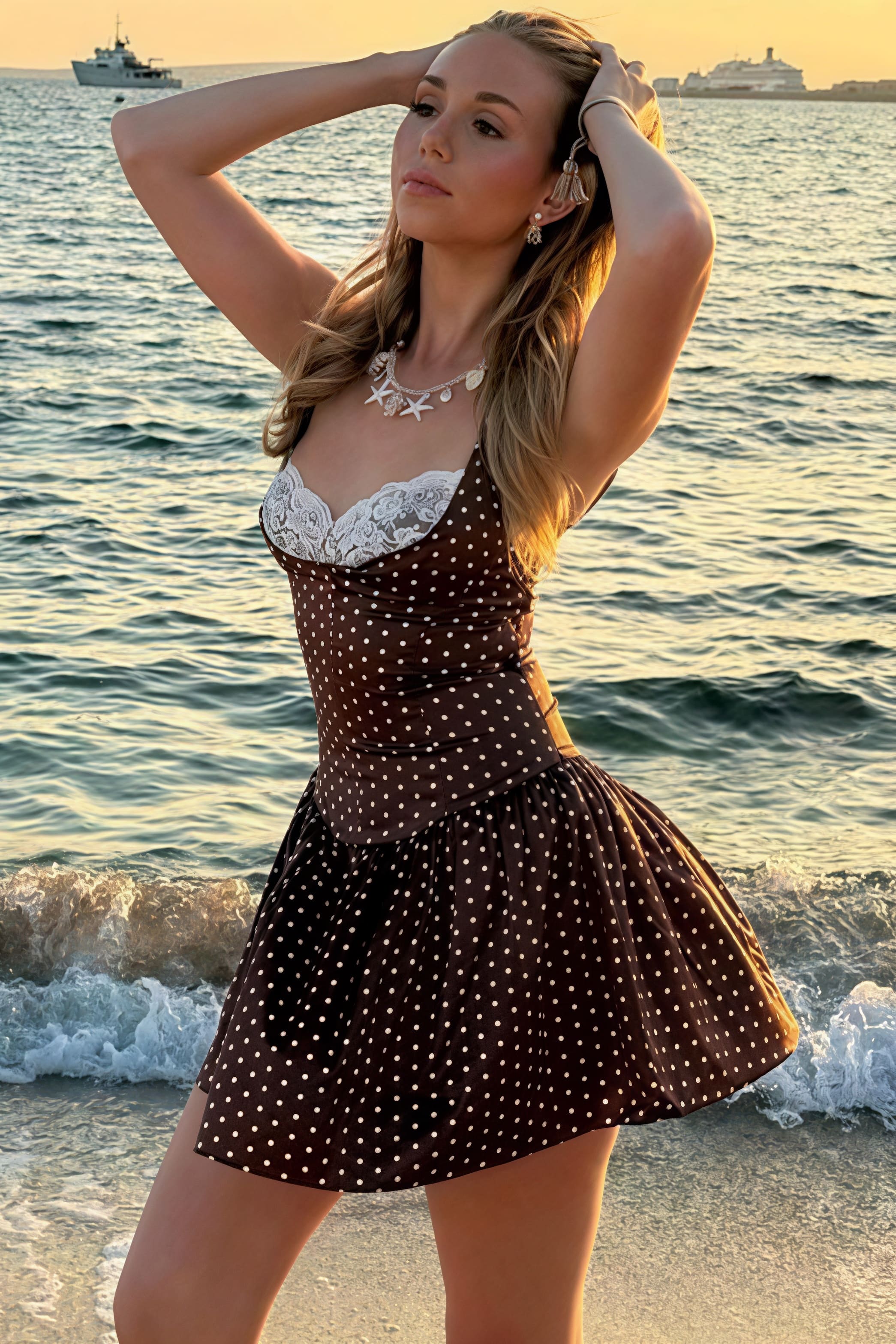 Spitzenbesetztes Patchwork-Kleid mit Tupfen und Trägern, Mini-Länge