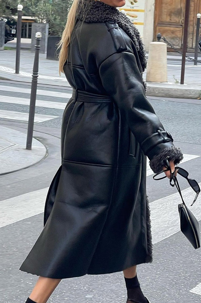 Black Faux Shearling Belted Casual Cool Overcoat