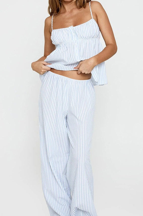 Pruhovaný volný top na ramínka a dlouhé kalhoty dvoudílná souprava