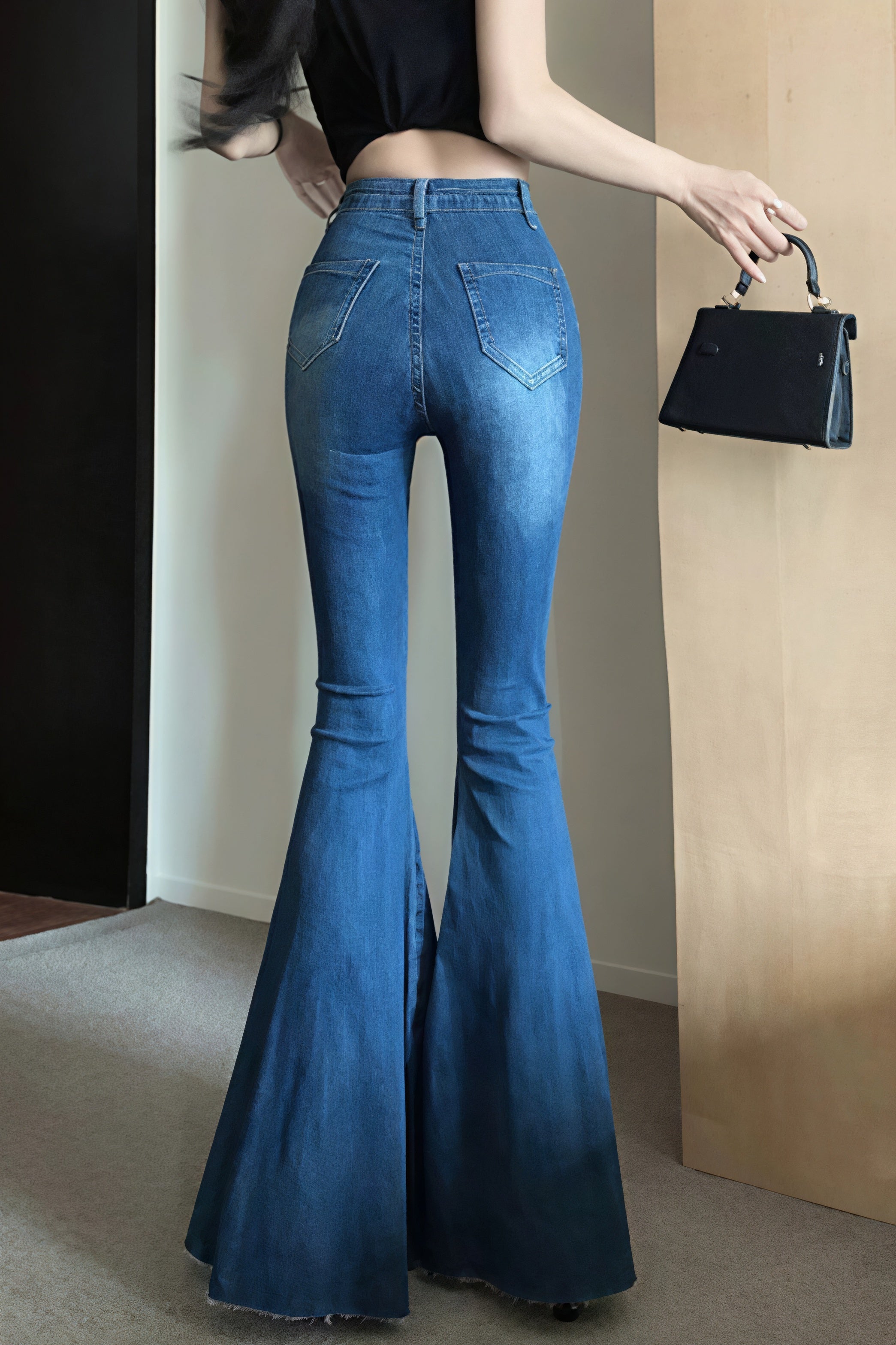 Džíny s vysokým pasem, rozšířené do zvonu, široké nohavice ve tvaru mořské panny