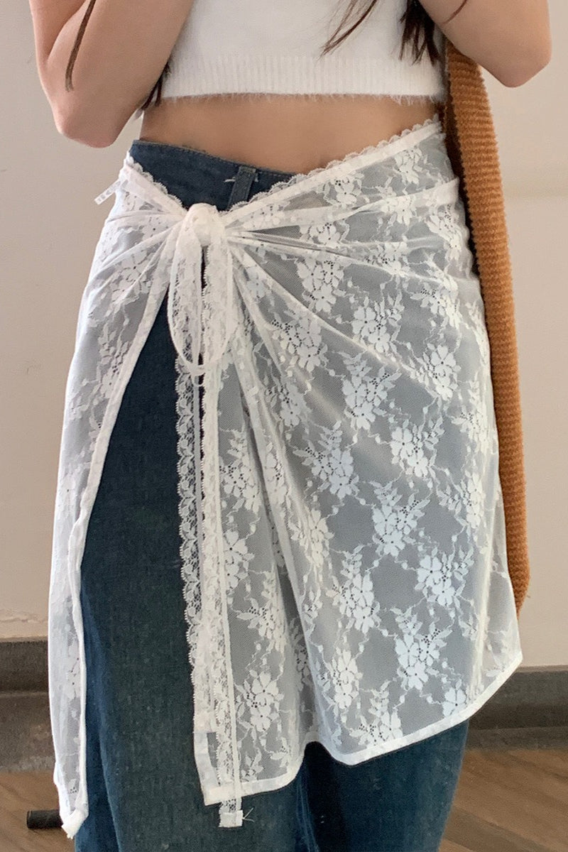 Bílá krajková zástěra sukně s páskem Univerzální poloviční sukně