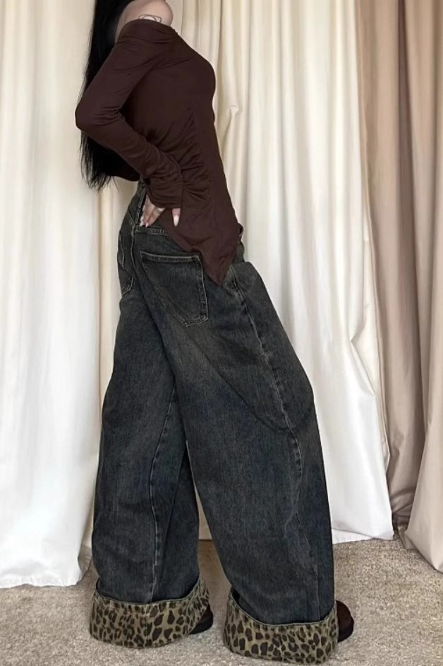 Jean large à revers avec patchwork léopard vintage