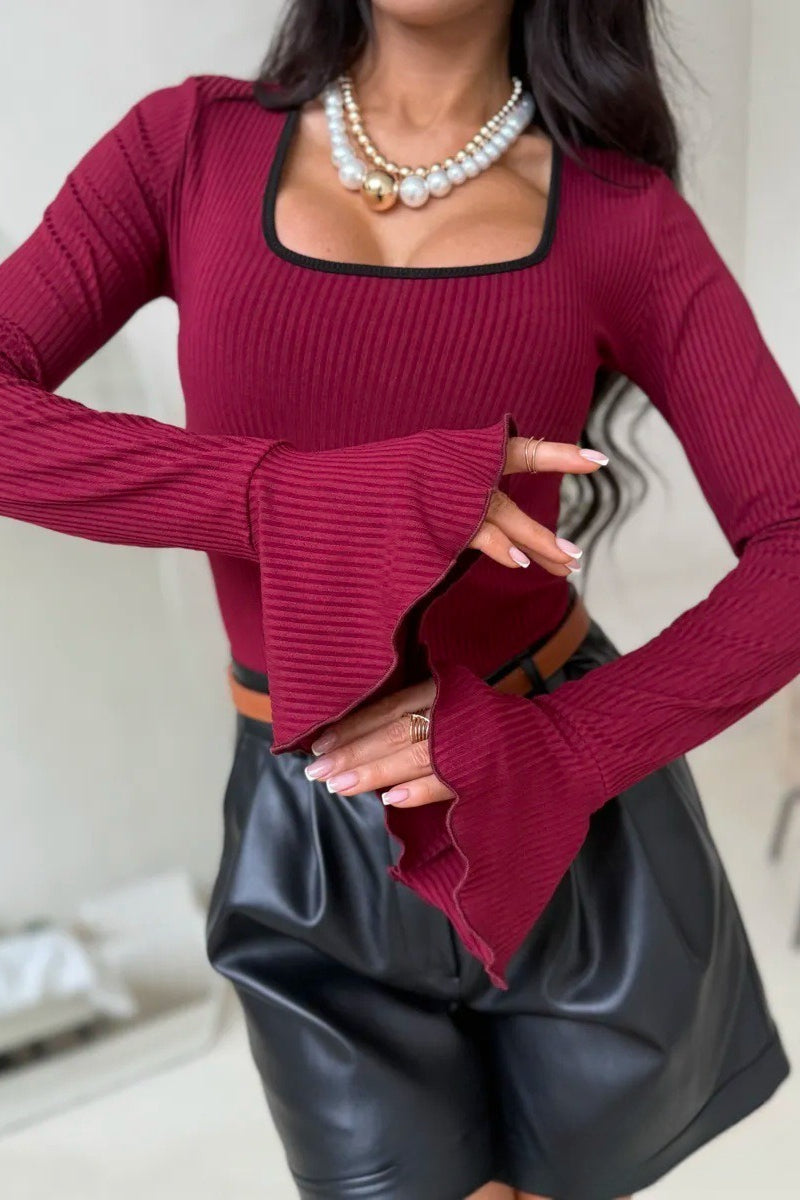 Square Neck Bell Sleeve Slim Long Sleeve Tee
