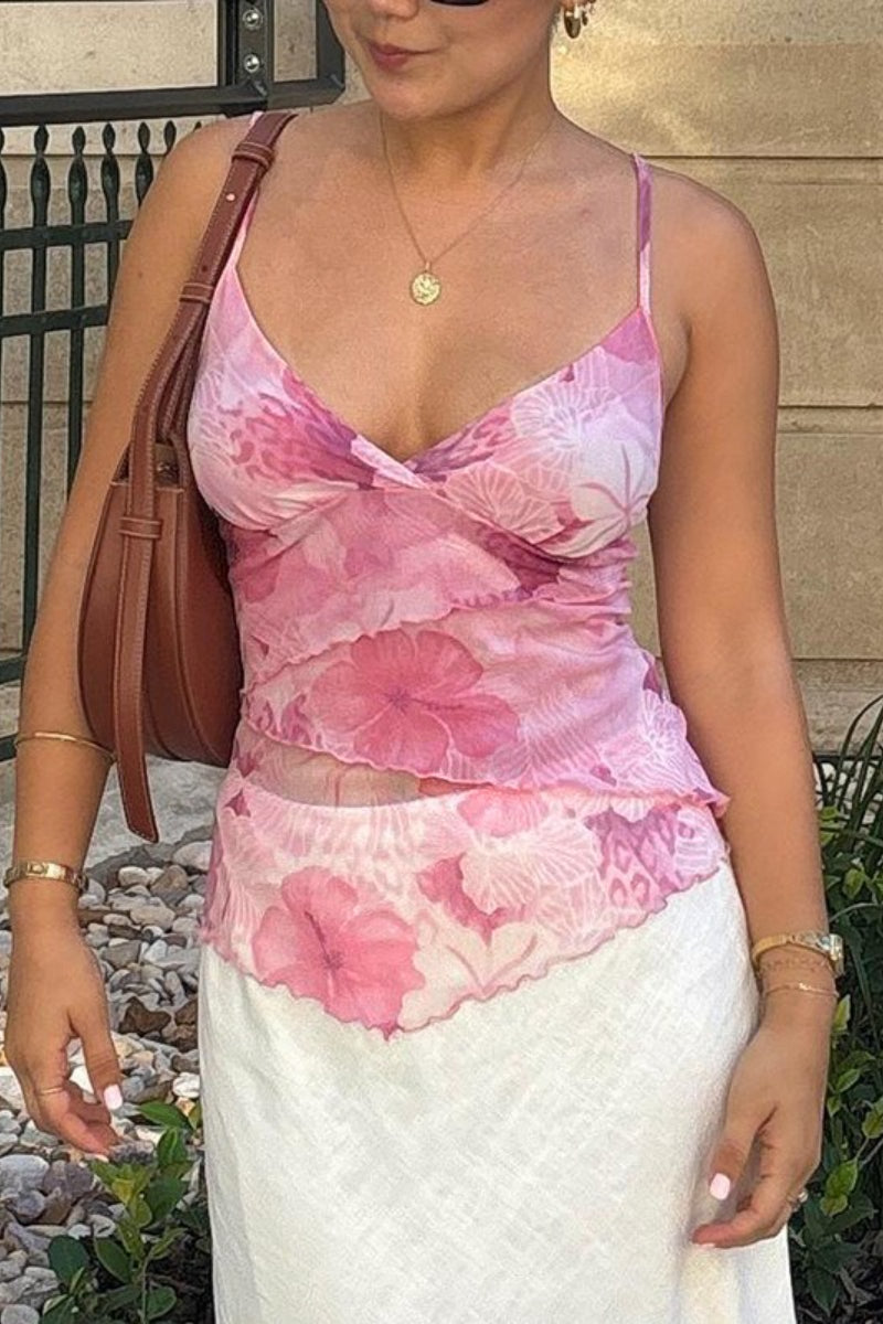 Floral Trim Chiffon Waist Cinched Padded Cami Top