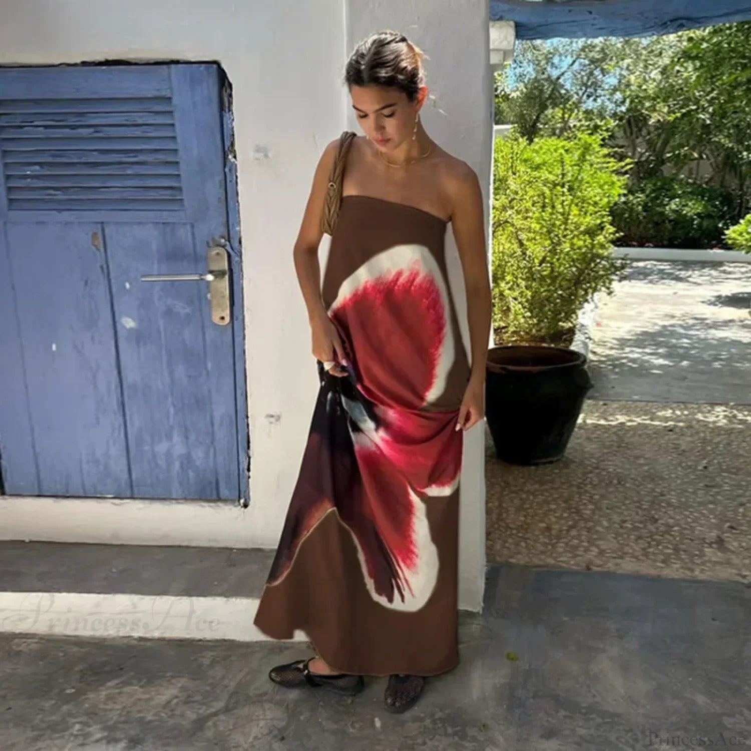 Vestido Floral Estampado Ombro a Ombro com Costas Nuas