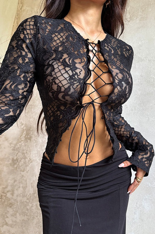 Y2K Retro Lace Up Sexy Lace Blouse