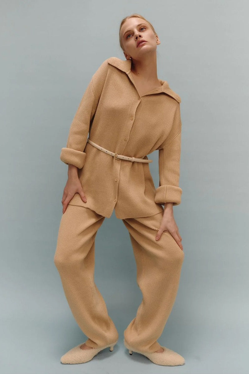 Knit Ribbed Collar Long Sleeve Loose Two Piece Set