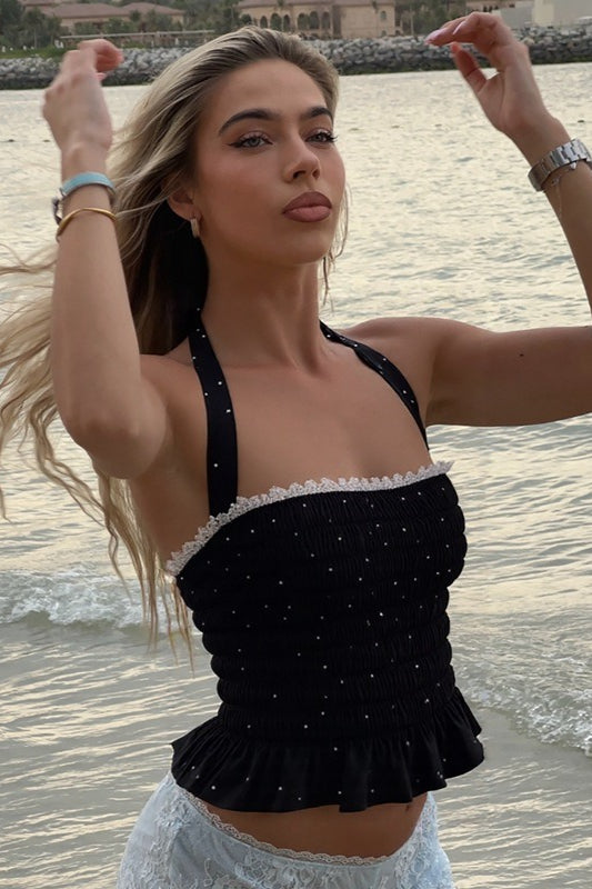 Haut court à nouer derrière le cou avec volants et pois