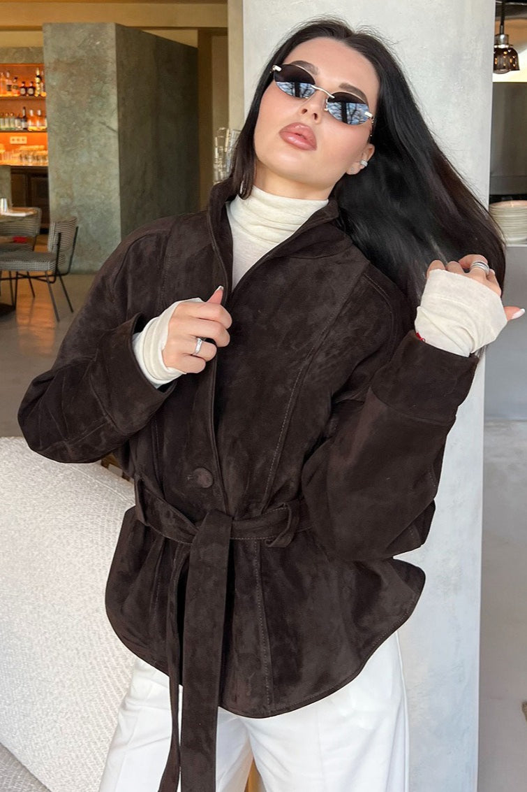 Giacca vintage in pelle scamosciata a maniche lunghe