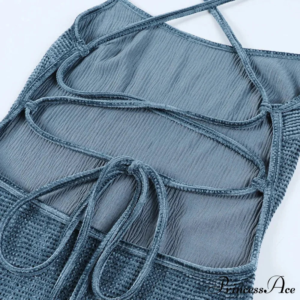 Robe de plage en maille sexy à fines bretelles, dos nu sans bretelles, à lacets, pour femme, robe moulante de vacances pour club