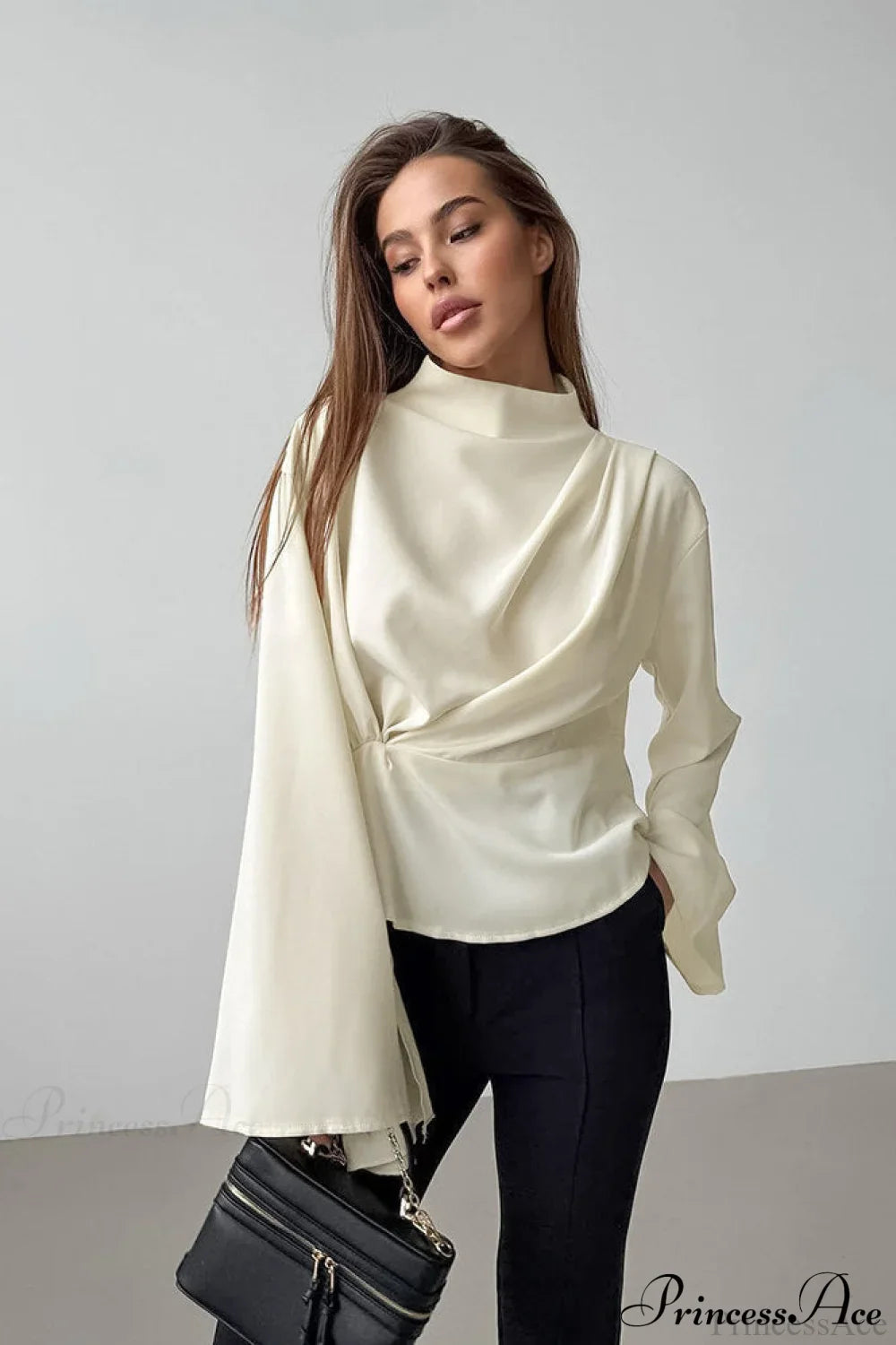 Beige Chiffon Tie Waist Flared Sleeve Blouse