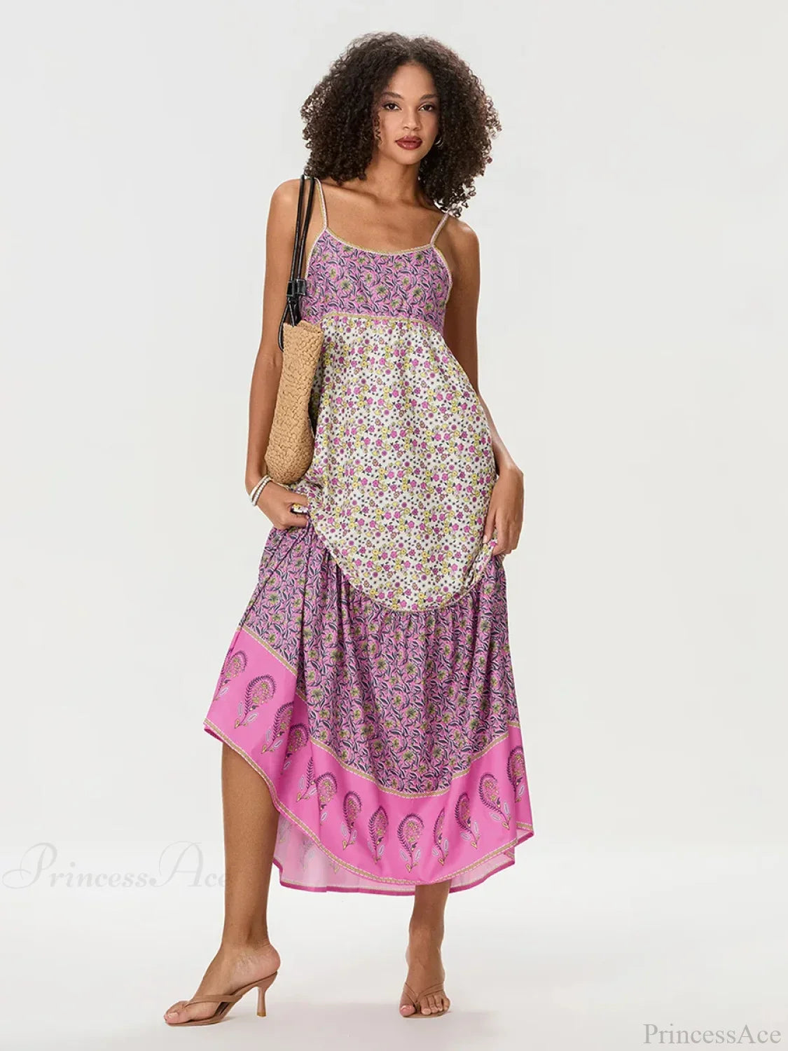Boho-Blumen-Spaghettiträger-Kleid mit gerafftem Blumenmuster
