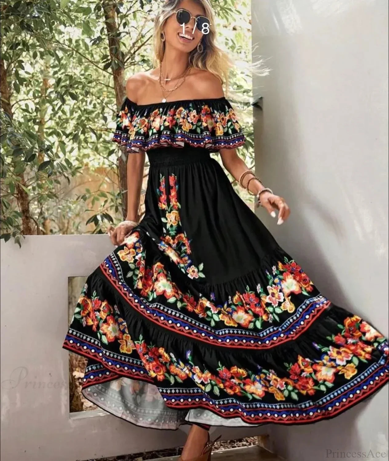 Boho Maxikleid mit Blumenmuster, Carmen-Ausschnitt und Volants