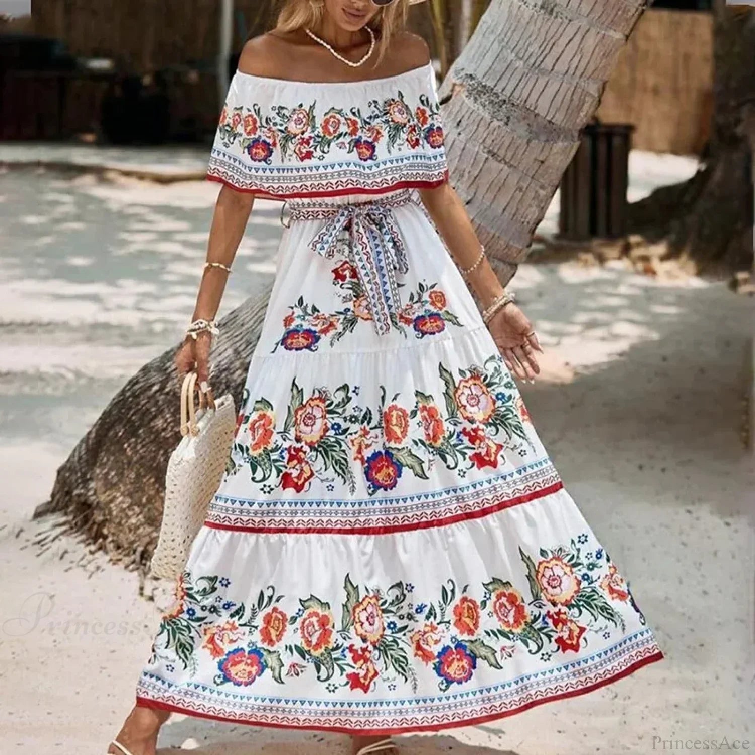 Boho Maxikleid mit Blumenmuster, Carmen-Ausschnitt und Volants