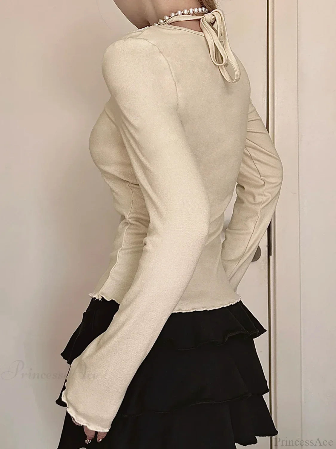 Bow Patchwork Lace Trim Halter V-Neck Long Sleeve Knit Top