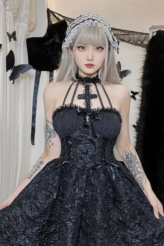 Vestido Gótico Sólido con Halter y Mangas Abullonadas