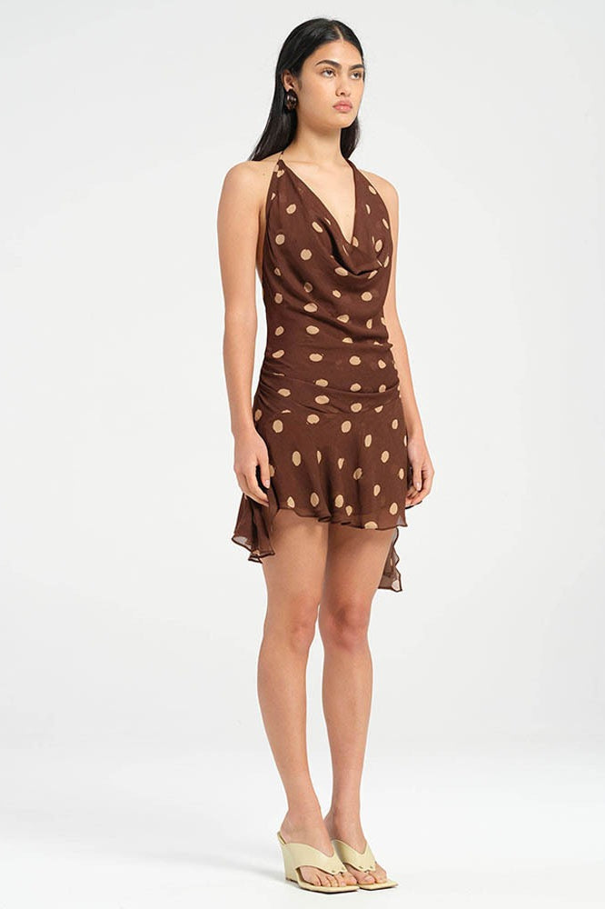 Polka-Punkt-Chiffon Neckholder Kleid mit tiefem V-Ausschnitt, Schlitz und rückenfrei, Mini