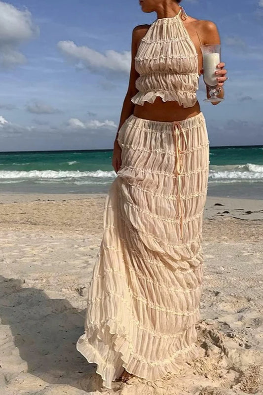 Gerüschtes Neckholder-Top und Maxirock im Bohème-Stil Kleid