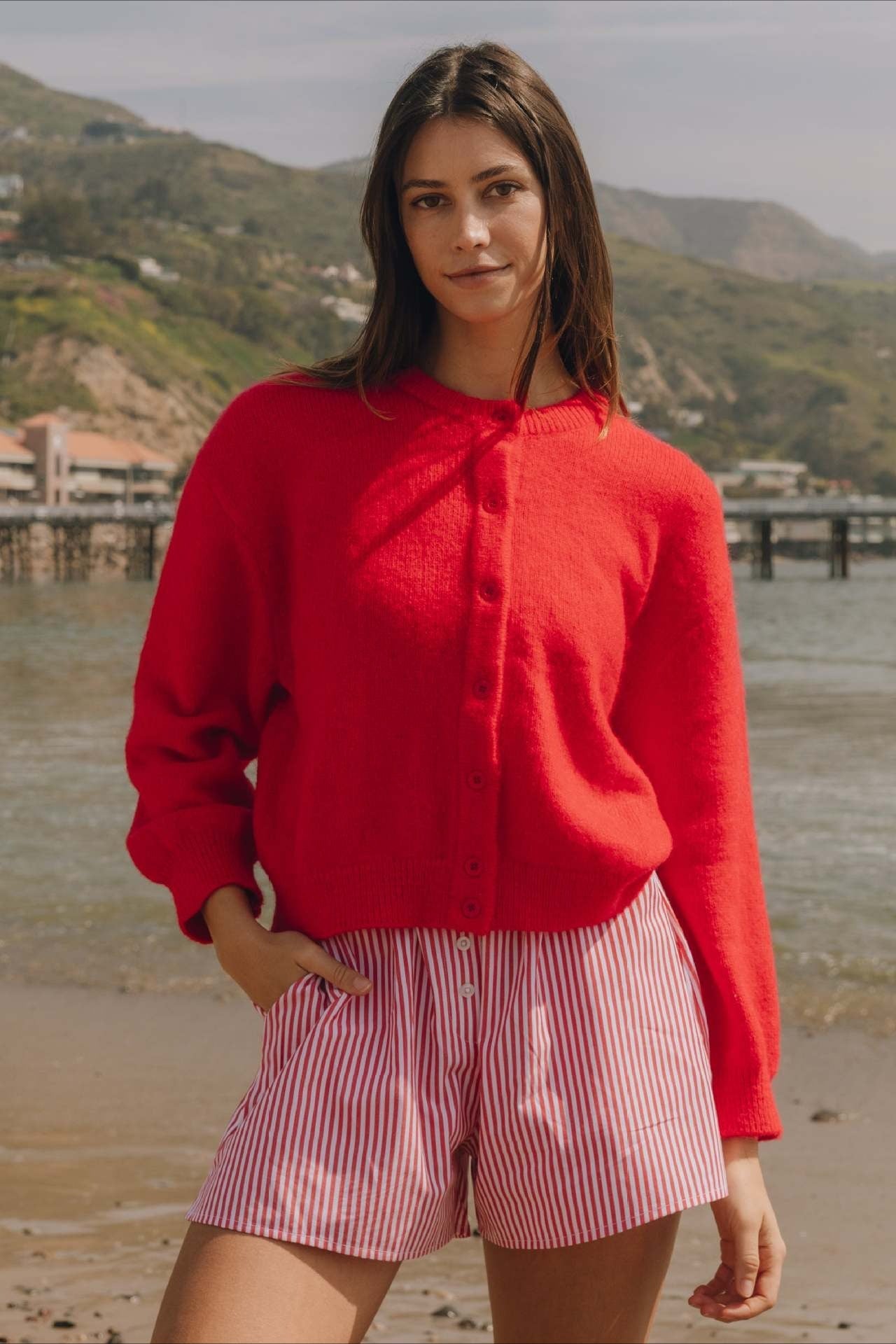 Cardigan tricoté à manches longues boutonné uni décontracté