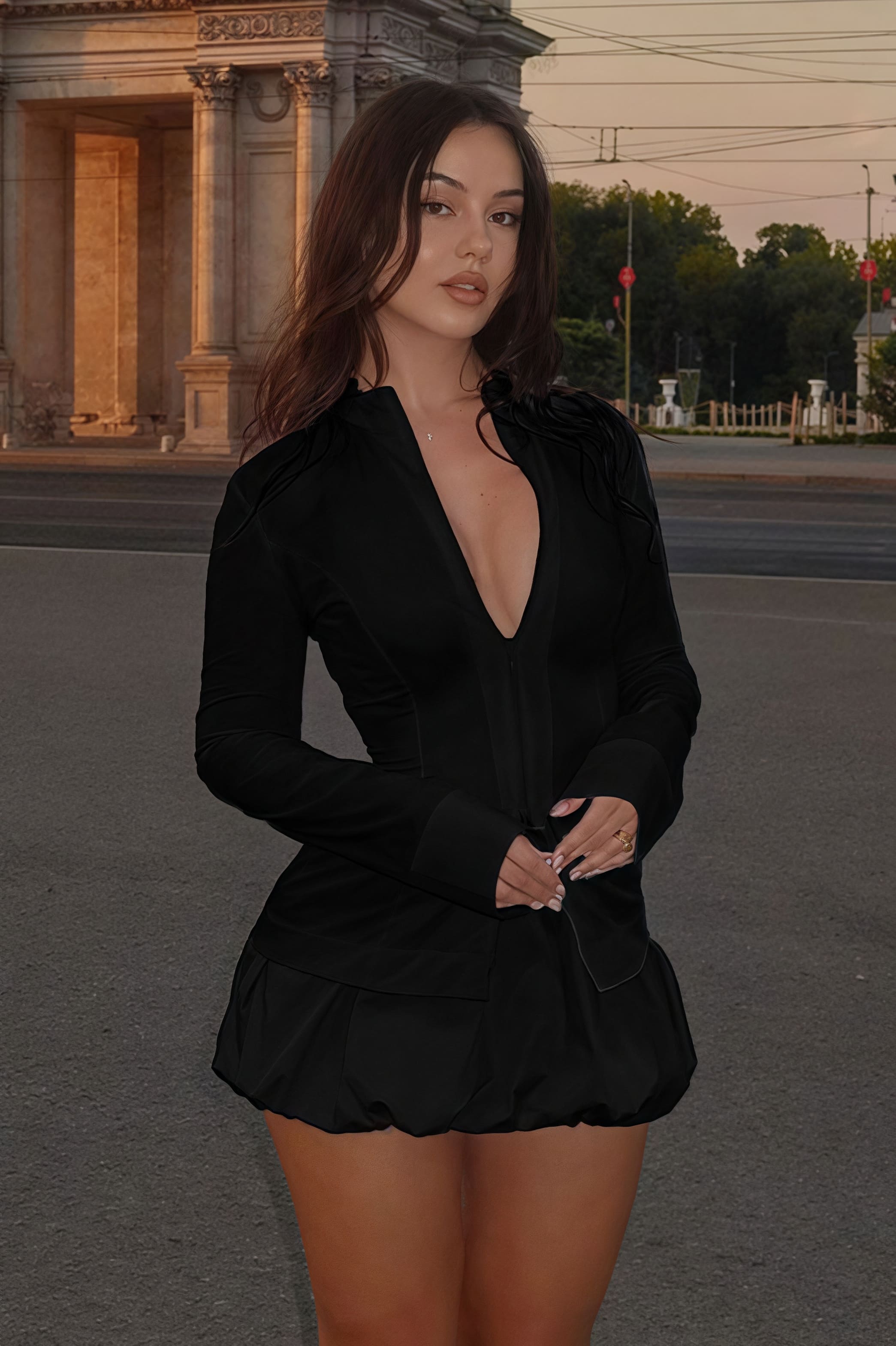 Stylish Solid Stand Collar Zipper Slim Long Sleeve Skirt Set