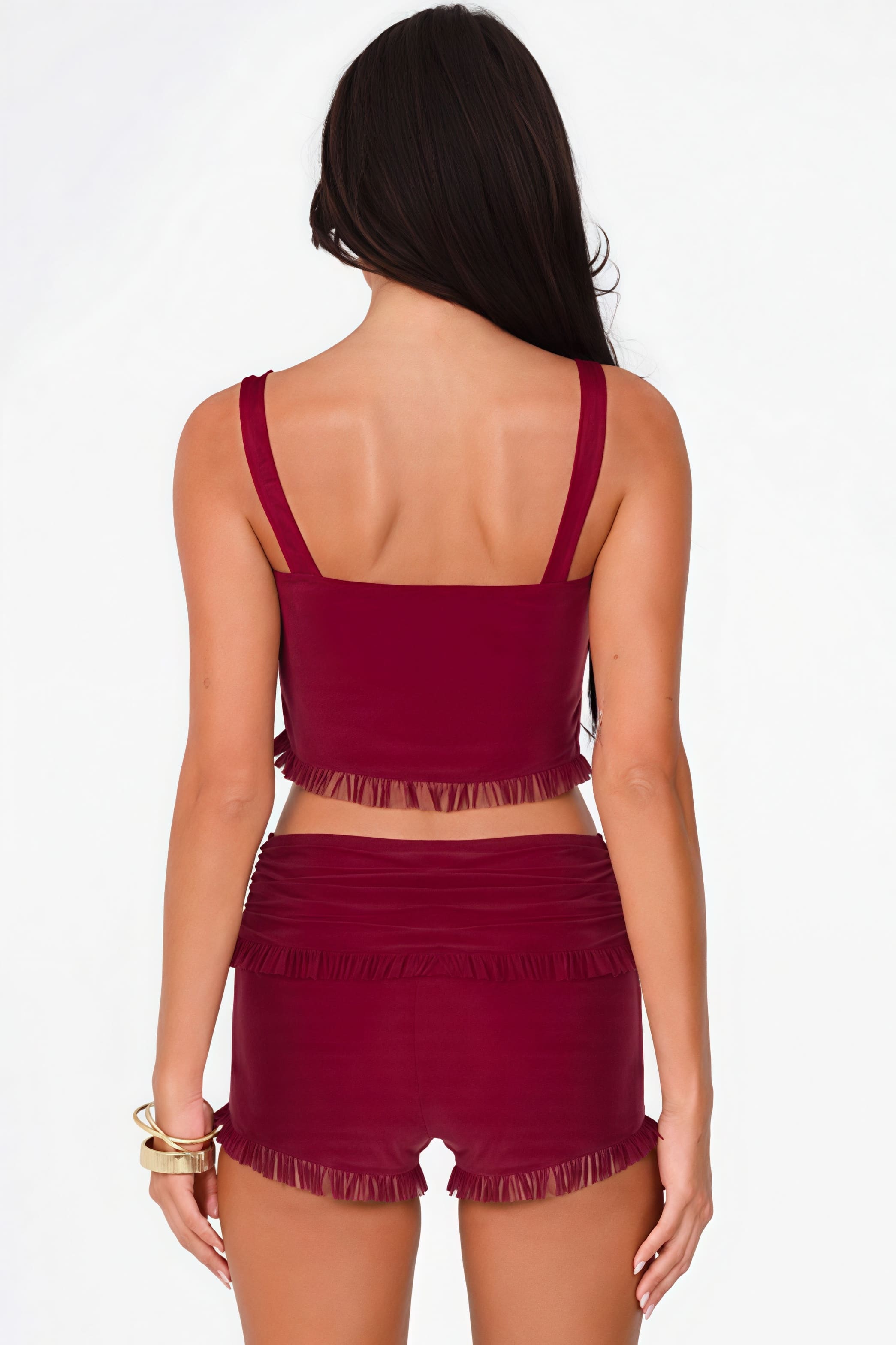 Ensemble mode débardeur à boutons-pression, short ajusté à volants et jupe