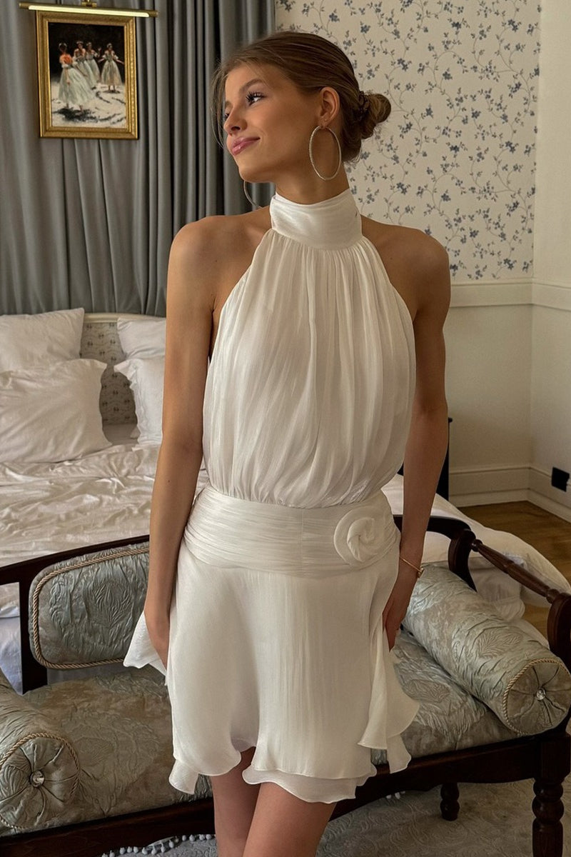 Tie Halter Shimmery 3D Floral Flowy Mini Dress