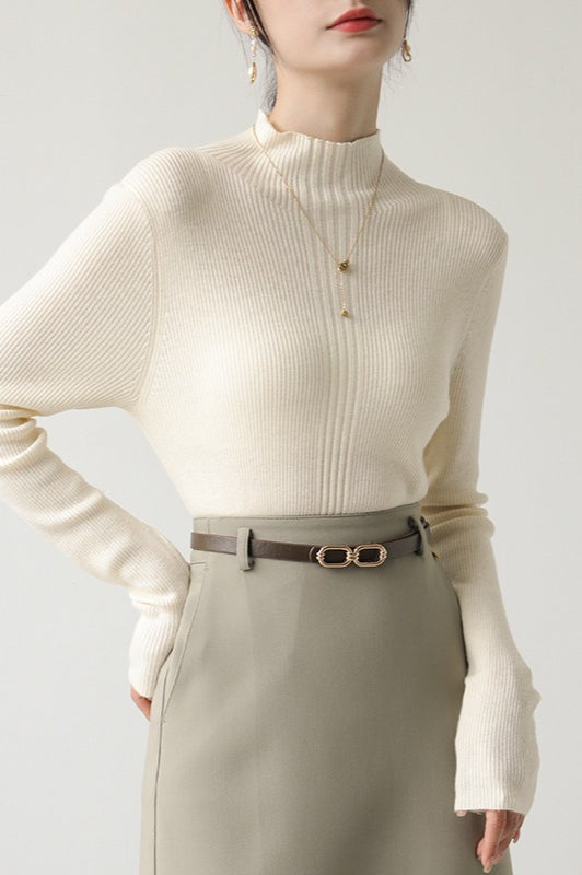 Elegant Apricot Mock Neck Long-Sleeve Pullover Knit Top