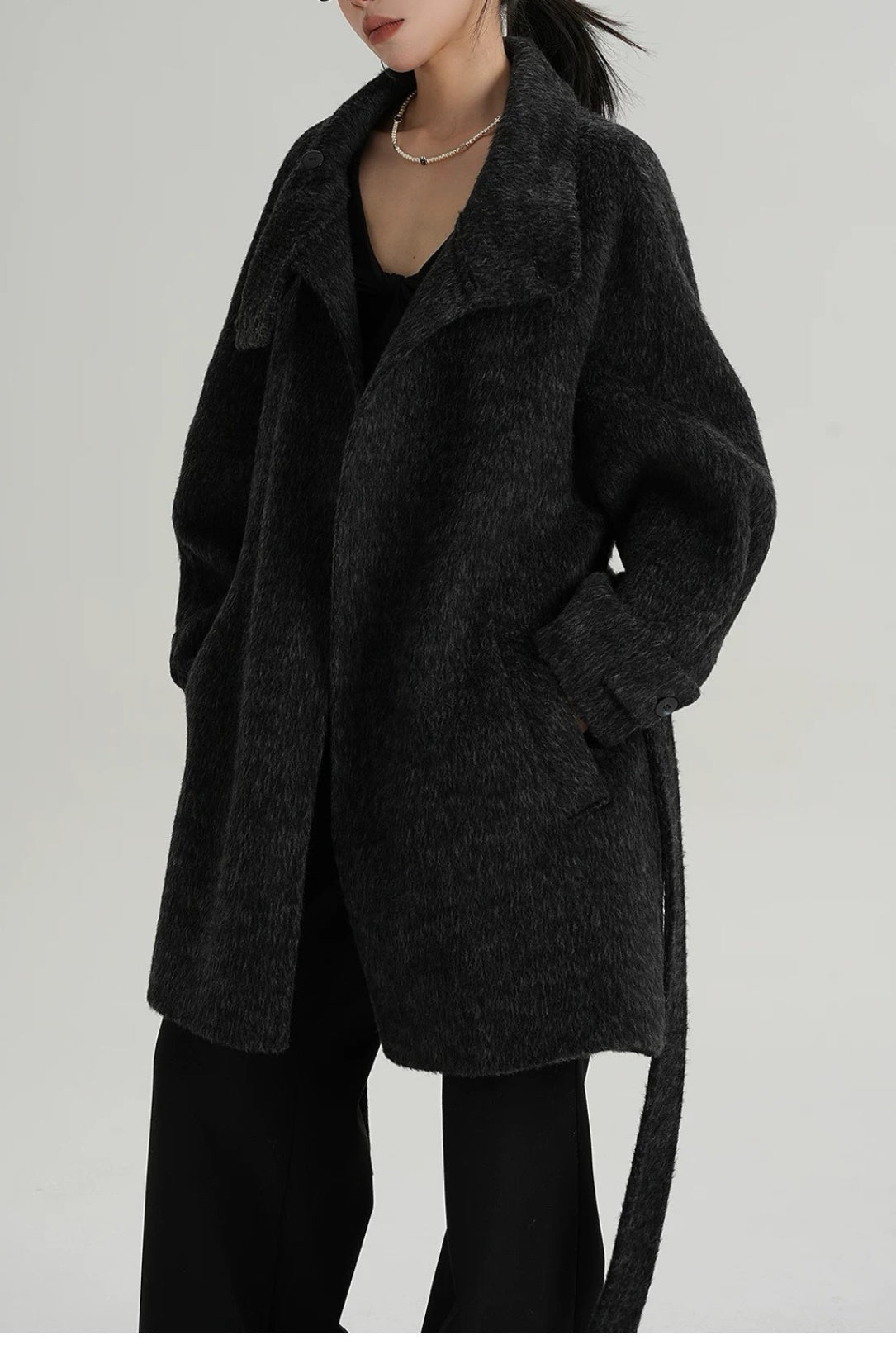 Abrigo suelto de lana sólida cálido con cuello alto simulado elegante