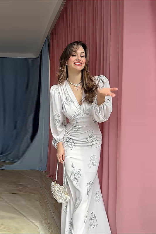 Vestido largo maxi floral elegante de manga larga ajustado con cinturón en la cintura y cuello en V estampado