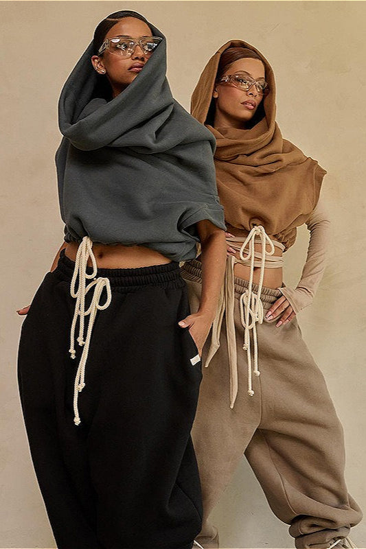 Solid Casual Wide Collar Cropped Hoodie