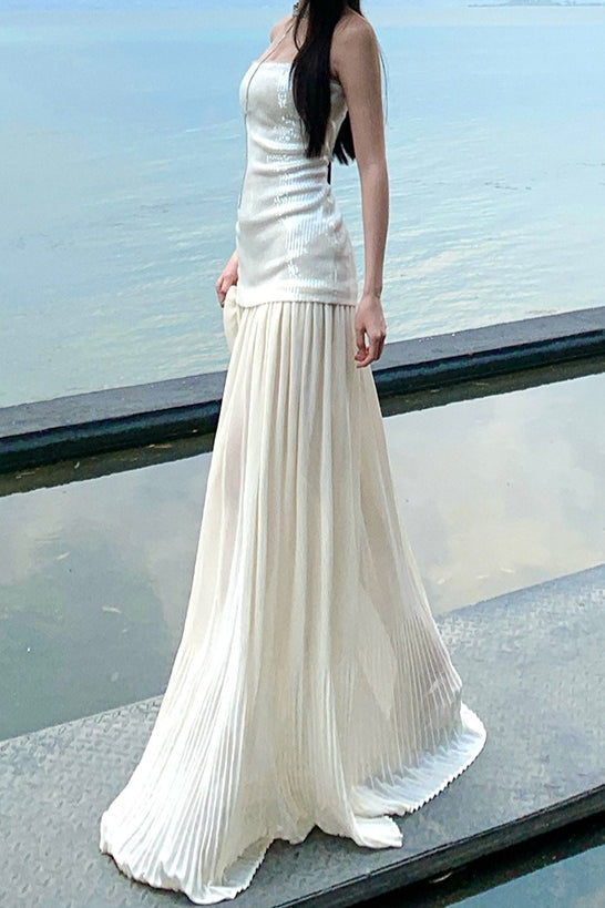 Pailletten-Patchwork Trägerloses Fließendes Maxikleid