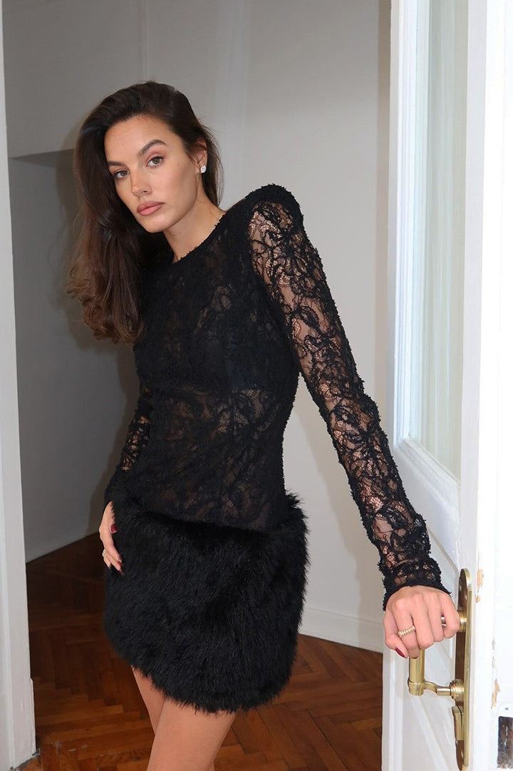 Sexy Spitzenstrick Enges Langarm Minikleid