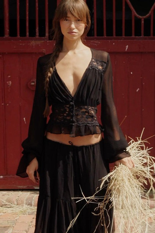 Verführerisches Spitzen-Chiffon-Durchsichtiges Rock-Set mit Bindeband