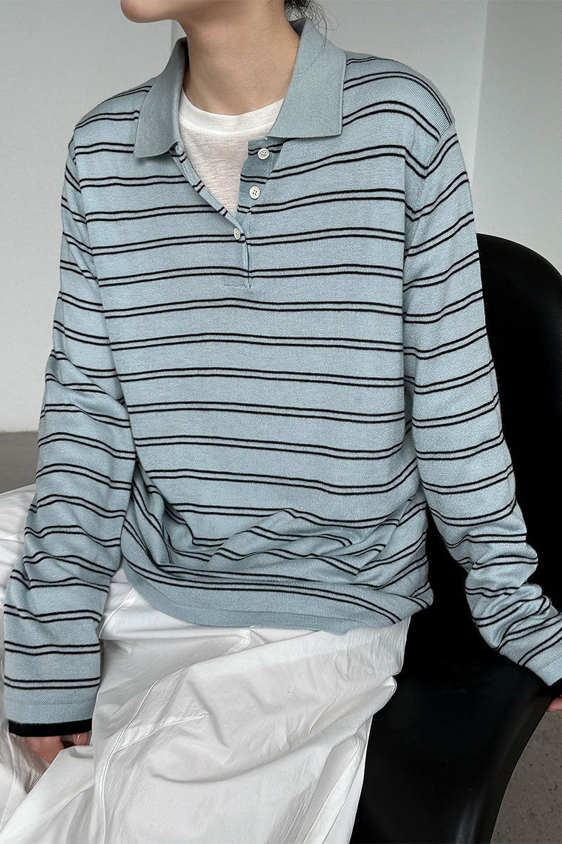 Maglia a maniche lunghe con collo polo a righe in lana morbida