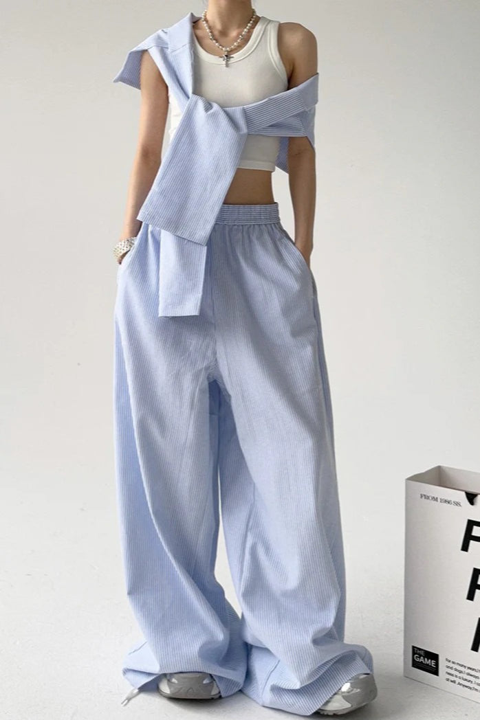 Striped Casual Tie Waist Wide Leg Pants
