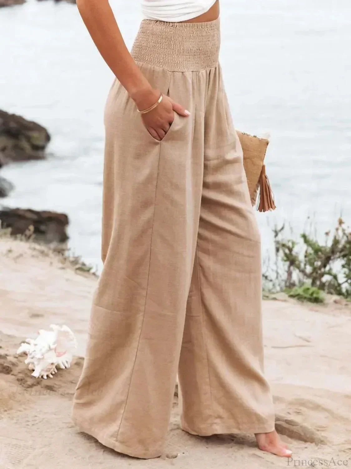 Casual Elastic Waist Linen Wide Pants