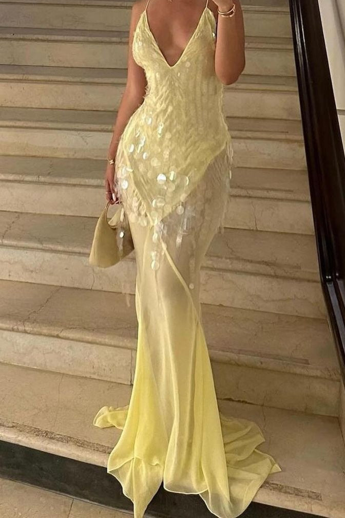 Sequin Mermaid V Neck Maxi Dress