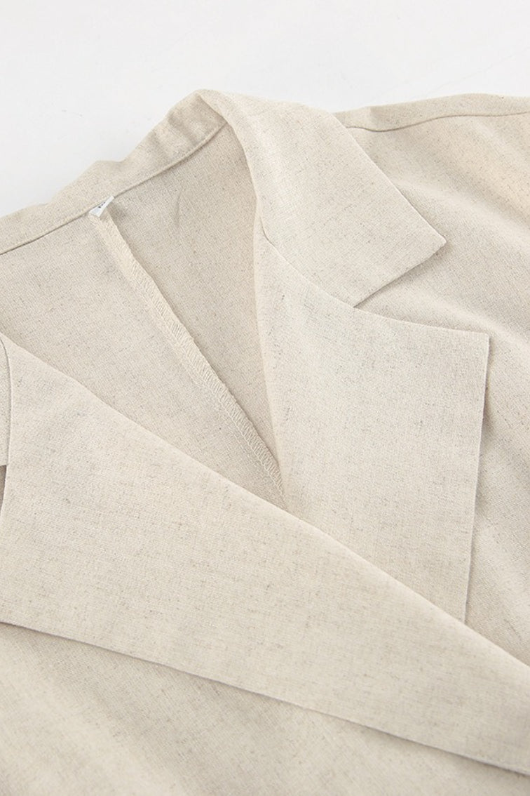 Vestido largo de lino y algodón con cintura alta, abertura y lazo