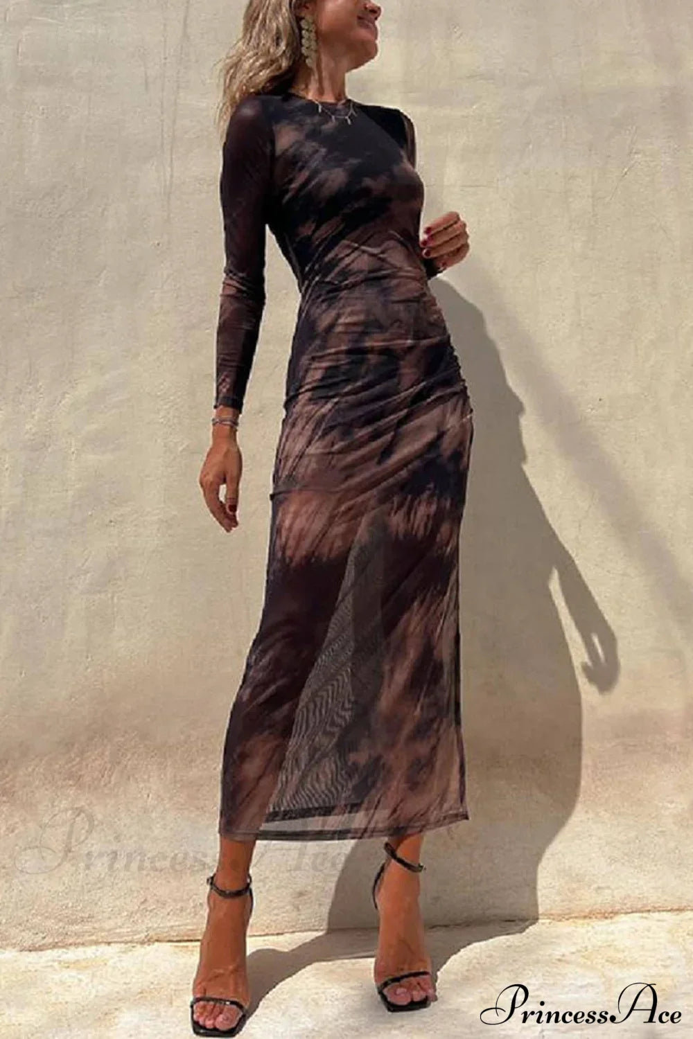 Charmante Damenkleid mit Netzüberzug, Batikmuster, modernem Druck, langärmlig, gerafftes, dehnbares Midikleid