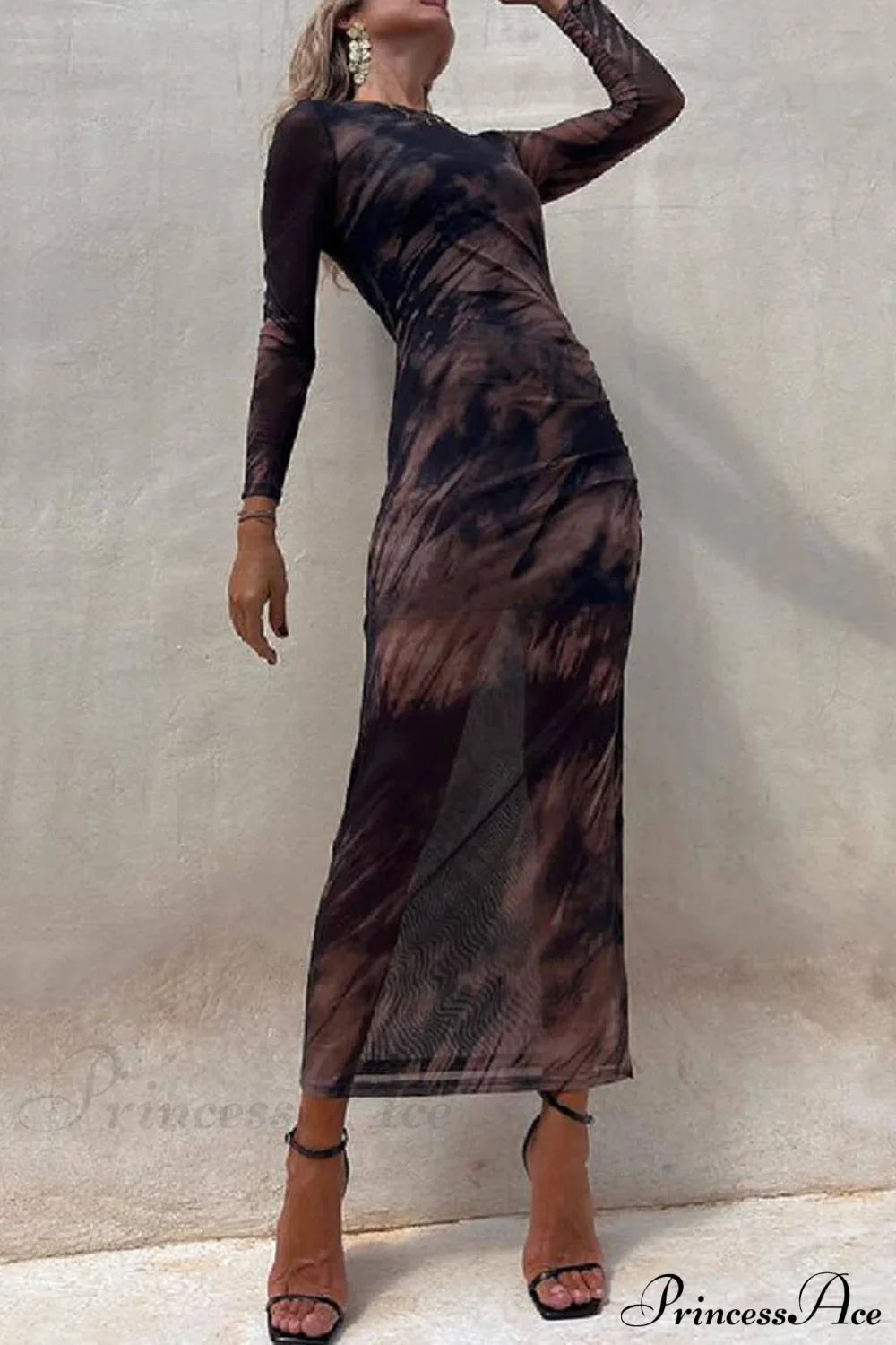 Charmante Damenkleid mit Netzüberzug, Batikmuster, modernem Druck, langärmlig, gerafftes, dehnbares Midikleid