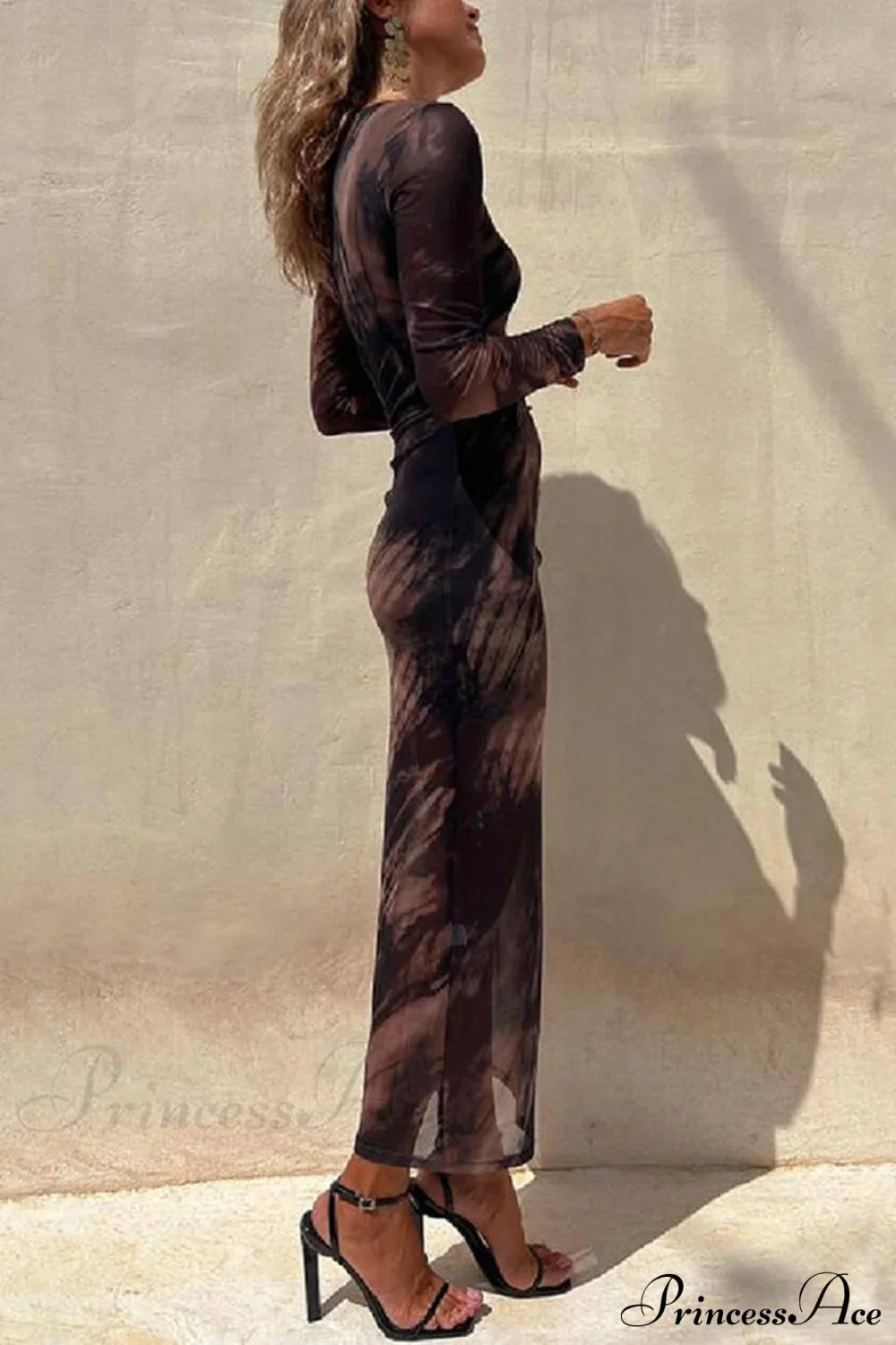 Charmante Damenkleid mit Netzüberzug, Batikmuster, modernem Druck, langärmlig, gerafftes, dehnbares Midikleid